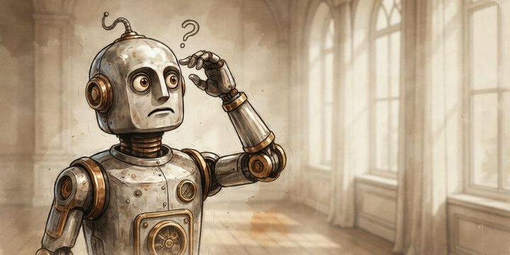 A sepia-toned of a confused vintage robot scratching its head, standing in a sunlit room with arched windows and empty space
