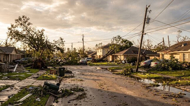 Devastating hurricane aftermath on a residential street with downed power lines, fallen trees, and roof debris scattered everywhere