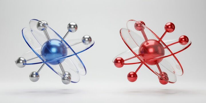 Two 3D rendered atomic models, one blue and silver and one red, featuring spherical nuclei and orbiting electrons on a white background