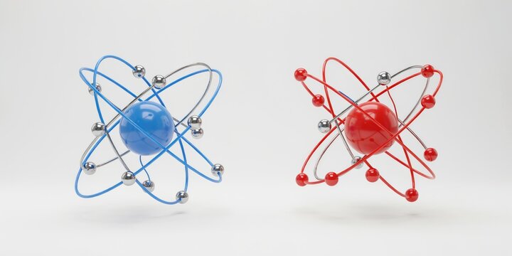 Two 3D rendered atomic models, one with blue nucleus and silver electrons, one with red nucleus and red electrons, isolated on white background