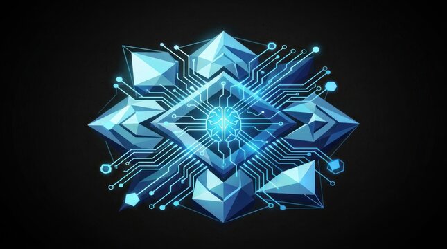 Glowing blue geometric crystal circuit symbol.