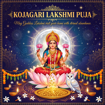 Goddess Lakshmi shower of gold coins under radiant full moon vector banner for Kojagari Lakshmi Puja