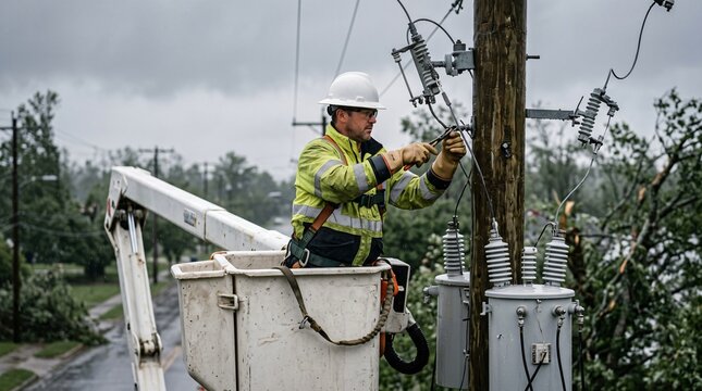 Lineman in a bucket truck repairing damaged power lines on a utility pole after a storm