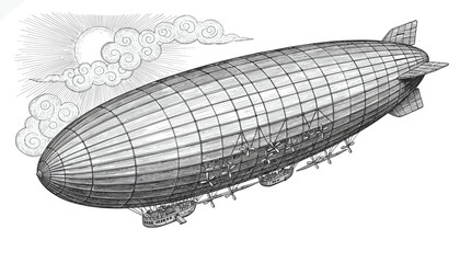 Detailed engraving of a dirigible airship flying through the clouds © oskars