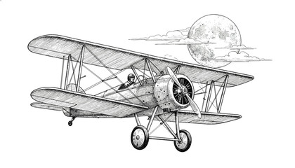 Engraved illustration of a vintage biplane flying in front of the moon © oskars