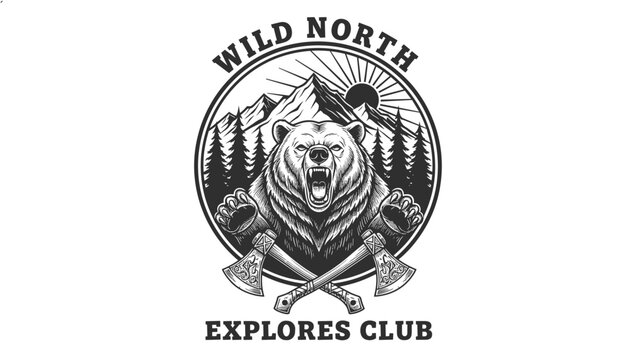 Wild north explorers club logo with bear face and crossed axes