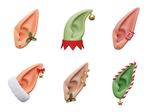 Collection of pointed elf ears with christmas ornaments and festive decorations for holiday season character isolated on a transparent background
