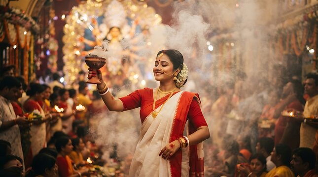 Traditional bengali woman performing dhunuchi dance at durga puja festival
