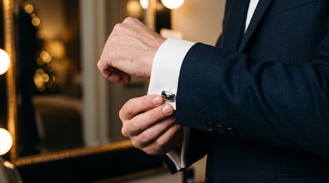 Elegant businessman adjusting cufflink, a sophisticated detail for formal attire. Stylish male fashion, preparing for a professional event or wedding.