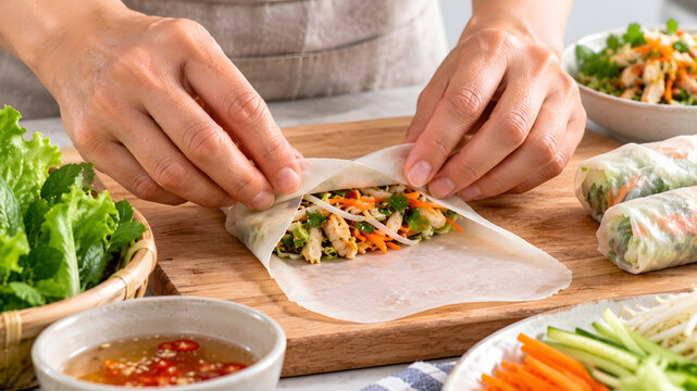 Chef rolling fresh rice paper spring rolls filled with chicken and vegetables.