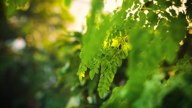 Fresh green leaves of a Moringa tree bathed in sunlight	