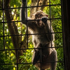 Cute wild monkey sitting near window and tree branch in natural green environment © Marzia