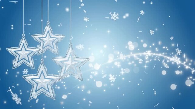 Silver Star Ornaments Hanging Against A Blue Background With Falling Snow