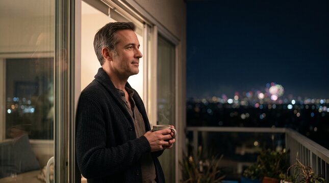 Thoughtful man on apartment balcony at night, enjoying city skyline views and fireworks. Relaxed evening, urban living, and contemplative moments.