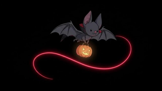 Charming 4K Animated Vampire Bat Flying while Carrying Carved Jack-O-Lantern with Neon Red Light Trail on Black