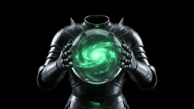 Cinematic 4K Headless Medieval Knight Holding an Enchanted Green Galaxy Orb in Dark Shadows for Halloween Horror