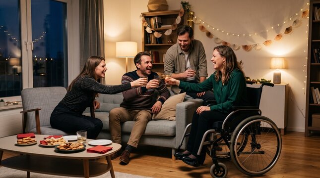 Joyful diverse friends celebrating at home, a woman in a wheelchair toasting with drinks, festive holiday gathering, inclusive social event, happy people enjoying a cozy evening.