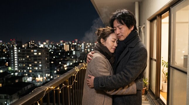 Affectionate couple embracing on a city balcony at night, a romantic moment of love and connection, urban skyline background, cozy string lights, intimate relationship, emotional bond
