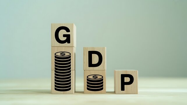 GDP concept with wooden blocks showing falling gross domestic product and declining economic growth