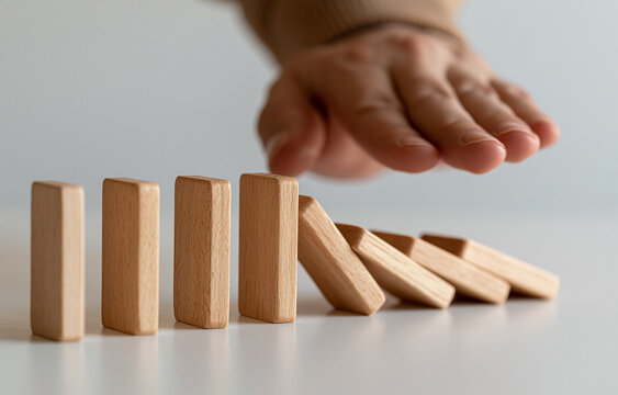 Hand stopping falling domino blocks on white surface