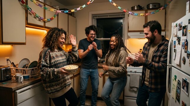 Joyful friends dancing in a cozy kitchen, celebrating with festive party decorations. Diverse young adults enjoying a lively house party, creating a vibrant and happy social gathering.