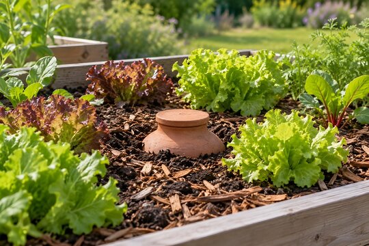 Terracotta olla watering pot buried among raised bed vegetables