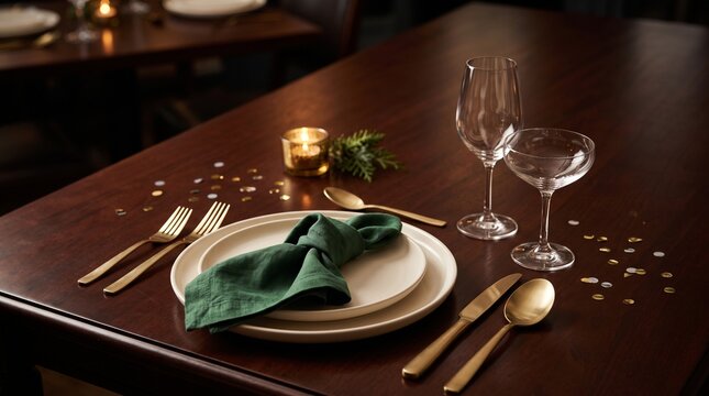Elegant restaurant table setting, luxurious dining experience, sophisticated dinnerware with gold cutlery, festive holiday celebration ambiance, intimate fine dining.