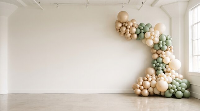 Elegant balloon arch decoration, a sophisticated event backdrop with sage green and champagne balloons. Modern party decor for celebrations, weddings, and baby showers in a minimalist studio.