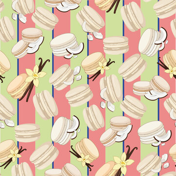 Raster seamless pattern with vanilla macarons, coconut flakes, and vanilla flowers for bakery packaging, sweet menu design, and fabric print