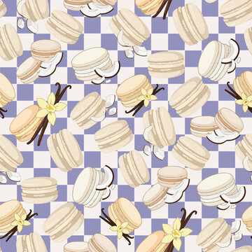 Raster seamless pattern with vanilla macarons, coconut flakes, and vanilla flowers for bakery packaging, sweet menu design, and fabric print