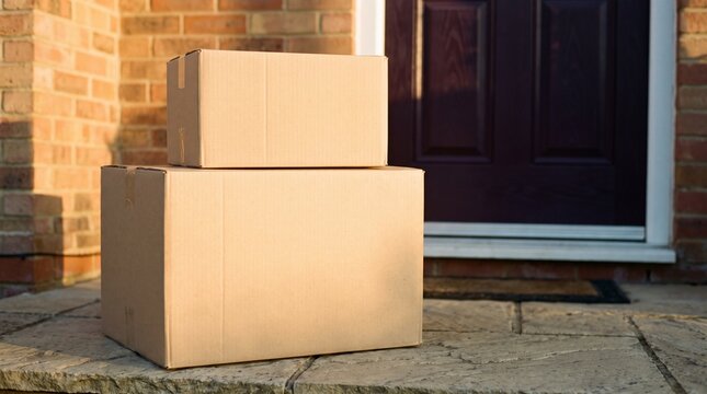 Two brown cardboard delivery boxes left on the front porch near the entrance of a residential house