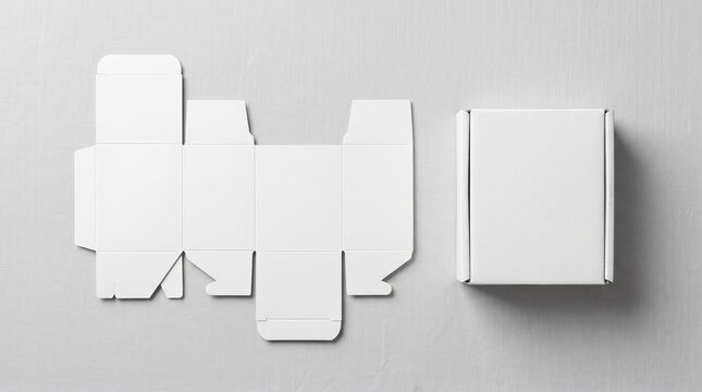 Blank cardboard box template and assembled square paper package mockup on a light textured surface