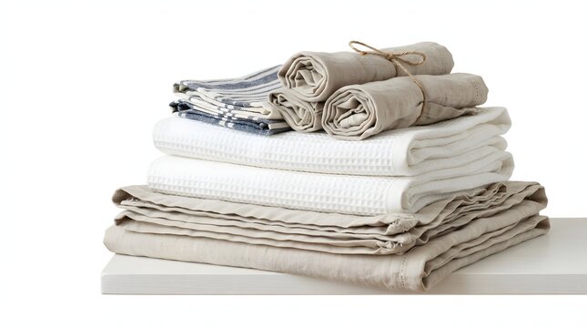 A stack of folded linen fabrics and towels resting on a white wooden surface isolated with against plain background