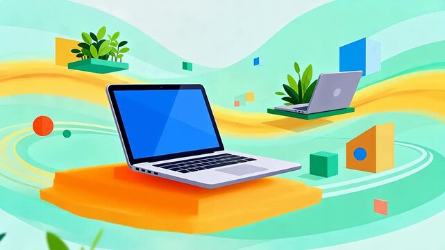 Colorful abstract background with laptops geometric shapes and plants in cartoon style