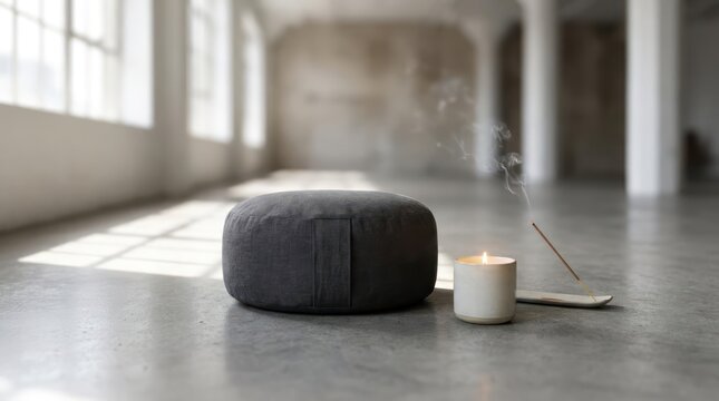 Minimalist meditation space with zafu cushion and incense.