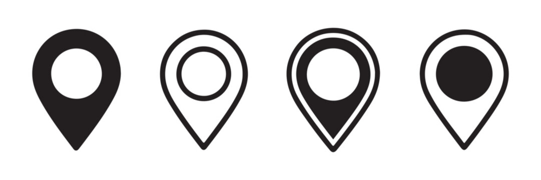 Minimalist map pin location marker pointer flat vector design elements set on transparent background.