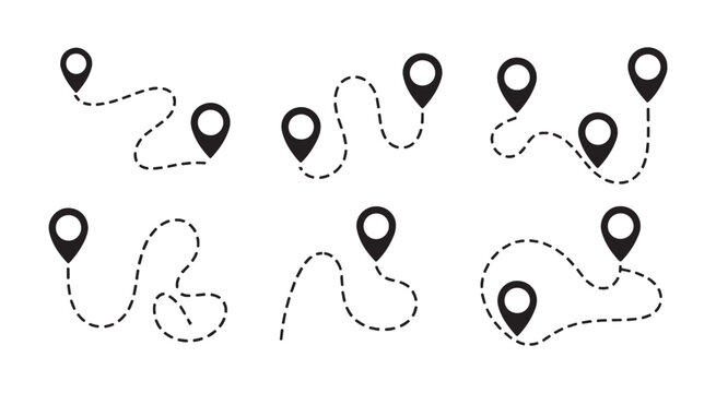 Black map marker icons set with winding dashed route paths for navigation logistics and travel mapping layouts.