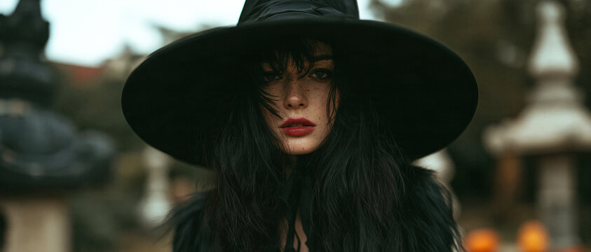 Close-up portrait of a mysterious young woman with dark hair and freckles, wearing a wide-brimmed black hat, casting a dramatic shadow over her face, with a moody outdoor background.