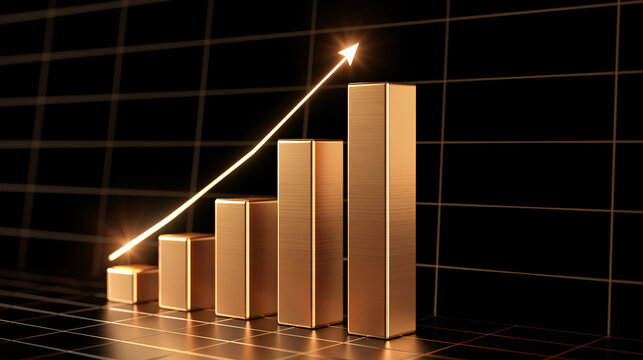 Golden bar chart rising with glowing arrow against