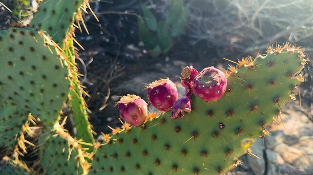 Ripe prickly pear fruits growing on spiky cactus pad in natural rocky terrain. High quality 4k footage