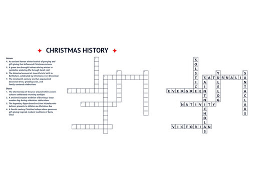 Christmas history crossword puzzle layout with clues and grids  