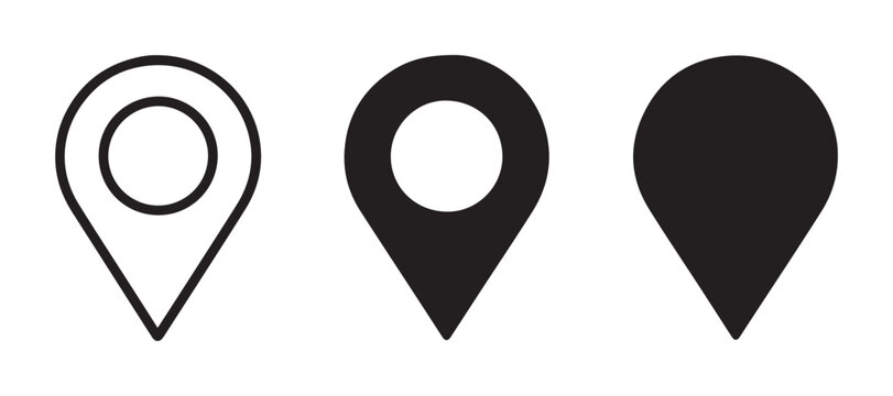 Simple map pointer line and solid icon set for location pinpointing on geographical navigation platforms.