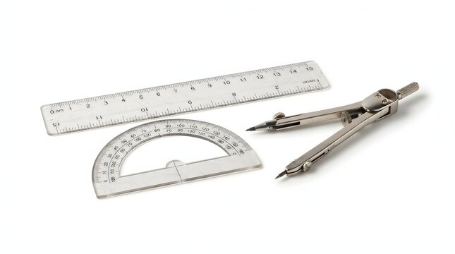 A clear plastic ruler a protractor and a metal drafting compass on a white background with collection geometry instruments