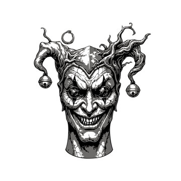 Creepy evil jester head vector icon with wicked grin and jester hat, monochrome horror style
