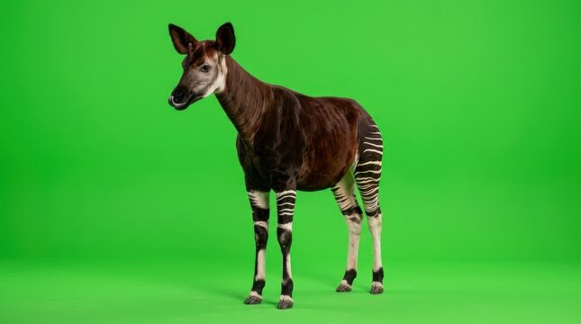 Rare Okapi forest giraffe on green screen background.
