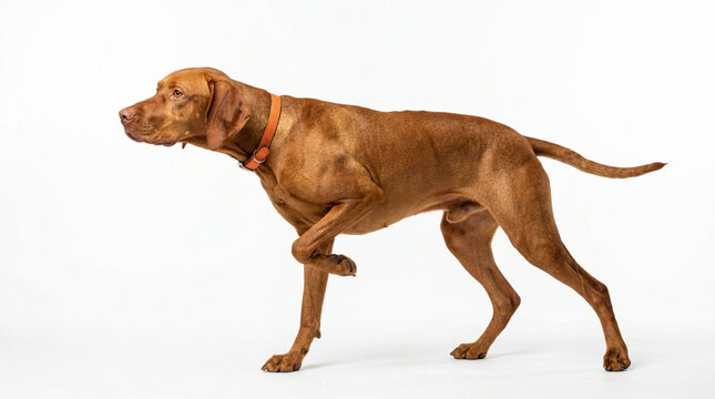 Vizsla Dog Standing Profile, Alert Stance, Orange Collar, White Background