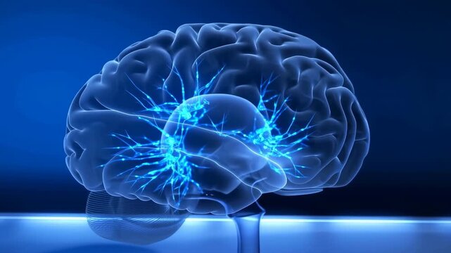 Translucent brain model enlarges in view with glowing cyan neural pathways branching through folded blue anatomy above illuminated surface against dark blue background in side view