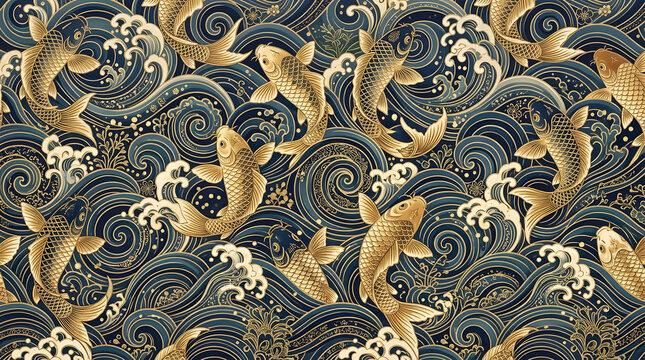 Japanese koi fish swimming in waves illustration