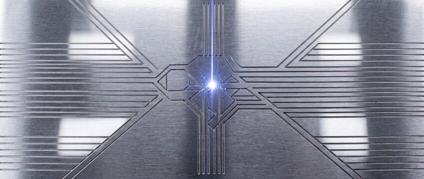 Laser beam etching intricate circuit board pattern into metallic plate creating precision engraving for advanced electronic manufacturing