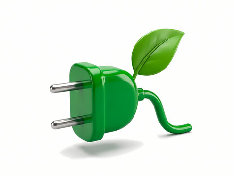 Isolated 3D illustration of a bright green electrical power plug with a fresh leaf symbolizing green energy, bio electricity, and ecofriendly smart grid power.